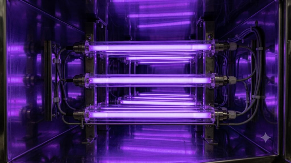Array of UV lamps glowing inside a purification chamber