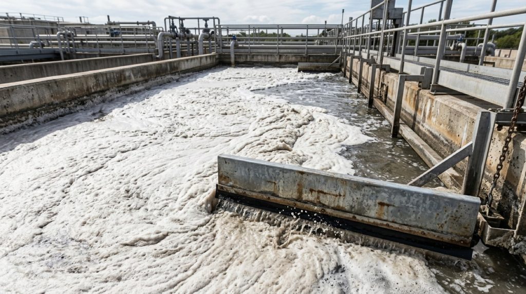 White froth sludge layer in a dissolved air flotation tank