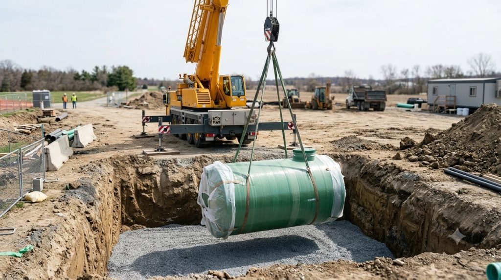 Crane lowering a packaged wastewater tank into a pit